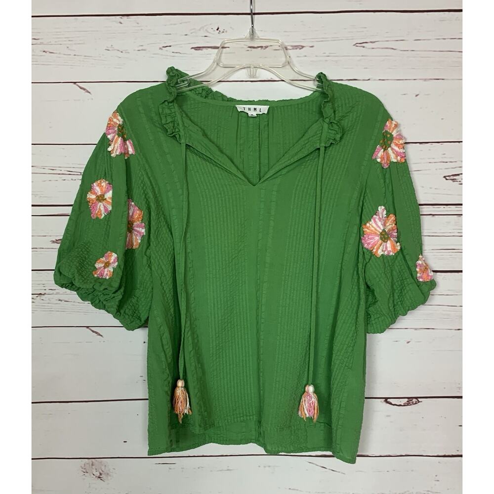 THML Anthropologie Women’s M Medium Green Embroidered Boho Spring Summer Top